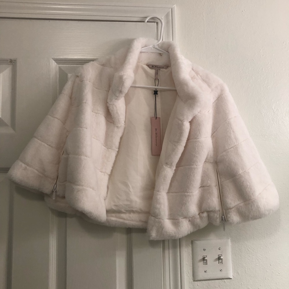White BCBG Fuzzy Capelet